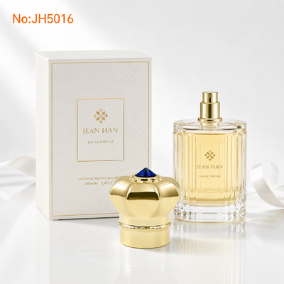 comprar Venta caliente de Dubai Espejo de lujo saudita Oro 8 Coronilla de pétalos Zamac Cap Perfume JH5016 Single Zafiro Azul Cristal Liso Real Metal Oud Attar tapa de botella Logotipo grabado a medida Fabricación en línea