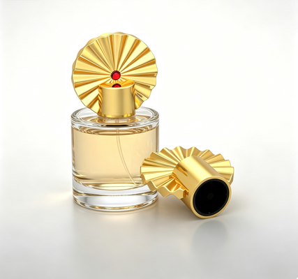 Comprar Tapa de perfume en forma de abanico de zamac de lujo con tapa de botella de fragancia chapada en oro y cristal rojo incrustado Fabricación en línea