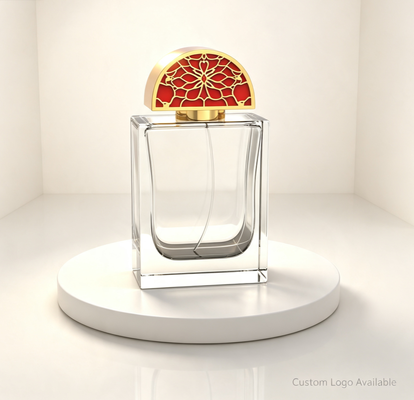 Comprar Tapa de Perfume Semicírculo Hueco Floral Zamac con Esmalte Rojo y Acabado Dorado y Grabado de Logo Personalizado Fabricación en línea