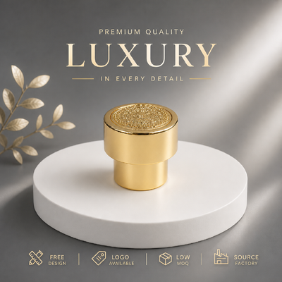 comprar Fabrica de perfumería de aleación de zinc a medida tapa de oro brillante recubrimiento de doble capa cilindro en relieve textura de metal tapa de perfume soporte en relieve logotipo personalizado magnético Fabricación en línea