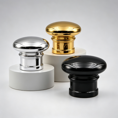 Comprar FEA15 Capa de perfume de aleación de zinc Cúpula de hongo Cuerpo cilíndrico de nivel superior electroplacado Capa de botella de perfume de metal Logotipo OEM ODM Fabricación en línea