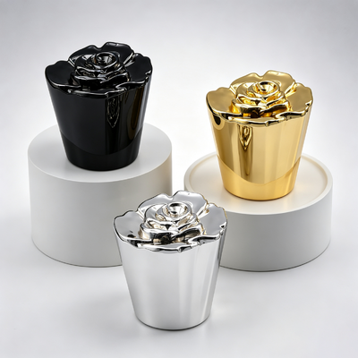 Comprar FEA15 Capa de perfume de aleación de zinc 3D Rose Flower Top Conical en forma de copa Cuerpo electroplacado Botella de perfume de metal tapa Logotipo personalizado OEM ODM Capa de perfume Zamac Fabricación en línea