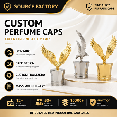 Tapa de botella de perfume de Zamac con forma de águila personalizada, tapa de perfume de tornillo de aleación de zinc de lujo, tapas de botellas cosméticas de metal personalizadas, venta al por mayor de fábrica