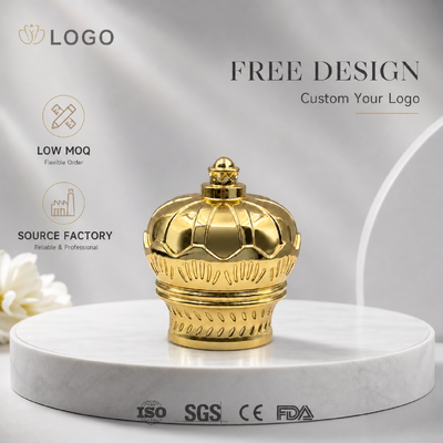 Palacio de lujo Cúpula Corona Capa de perfume de aleación de zinc Oro electroplacado Embossed Zamac Botella de fragancia tapa Logotipo personalizado OEM ODM Fuente de fábrica mayorista