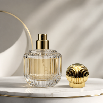 Venta al por mayor de oro de alto brillo rayado con costilla de calabaza bola de perfume tapa de botella línea vertical cerradura Zamac esférica OEM logotipo grabado a medida Oriente Medio Luxury fragancia embalaje