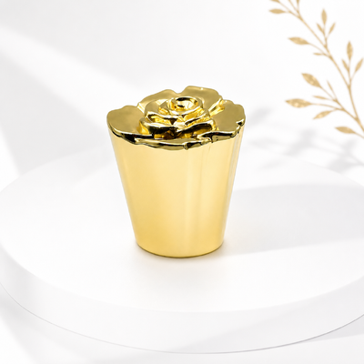 Fábrica Logotipo personalizado Espejo 3D pulido Flor de rosa Zamac Perfume Cap Brillante Oro de aleación de zinc cónico cono conical tapa floral Compatible FEA15 de vidrio mujeres Oud botellas de perfume