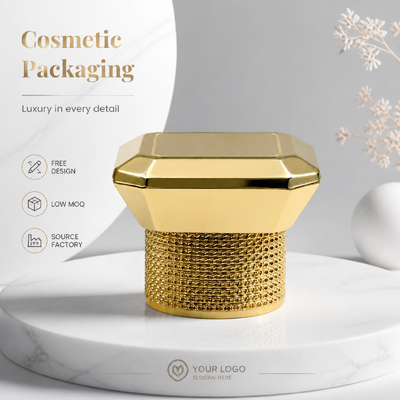 Tapa de perfume de aleación de zinc con corte octogonal de oro brillante, base moleteada de diamante, tapa de fragancia de metal personalizada, modelo JH5046 para botella de perfume de vidrio vacía de diseñador de lujo