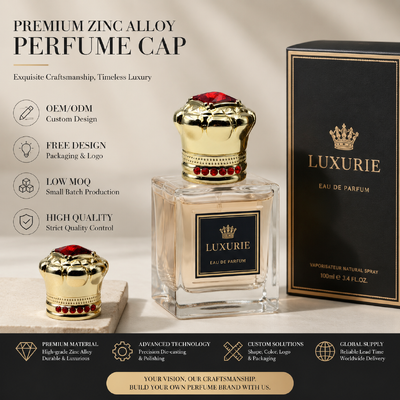 Tapa de perfume de aleación de zinc con forma de corona de lujo incrustada con diamantes de imitación rojos, logotipo personalizado, tapa de botella de perfume de metal Zamac chapado en oro, OEM, cubierta de botella de fragancia de alta gama magnética