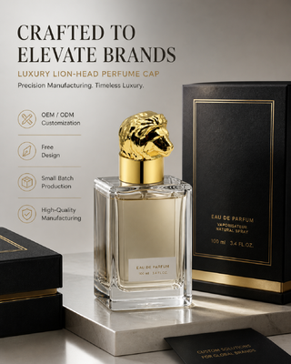 Tapa de perfume de aleación de zinc con cabeza de león 3D, espejo chapado en oro, escultura de animal, tapa de botella, logotipo personalizado OEM para botella de vidrio de perfume magnético