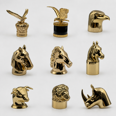 Escultura de animales 3D de lujo recubierta de oro Zamac Cap de perfume, Caballo águila León Toro Rinoceronte Cabeza de animal Cerradura de perfume de metal Logotipo personalizado para hombres árabes Botellas de perfume