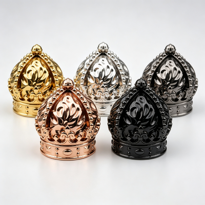 Tapa de perfume de aleación de zinc con corona en relieve de lujo, galvanoplastia multicolor, tapa de botella de perfume Zamac, logotipo personalizado OEM ODM para botella de vidrio de fragancia
