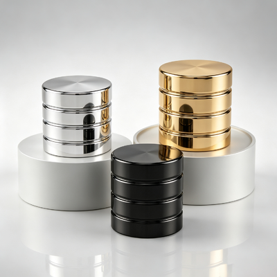 Luxury Multilayer apilado redondo de aleación de zinc Cap Perfume cilíndrico Zamac tapa espejo electroplataje logotipo personalizado OEM