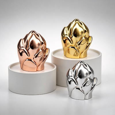 Tapa de lujo para botella de perfume FEA15 de aleación de zinc con capullo floral en relieve 3D, tapa de botella de fragancia galvanizada, tapa de perfume Zamac personalizada